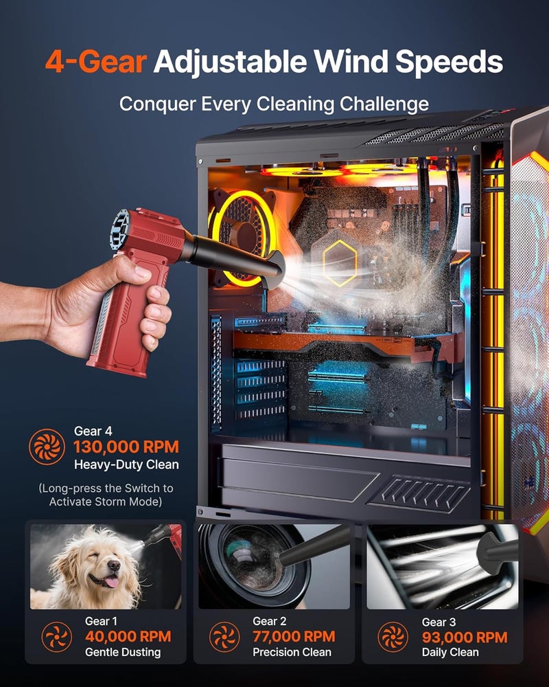 ZOAIVR Compressed Air Duster, 130,000RPM Ultra-Powerful Cordless Electric Air Duster with 8000mAh Rechargeable Battery, 4-Gear Adjustable Air Blower for Keyboard, Computer, Car, Home Cleaning - Red - Image 3